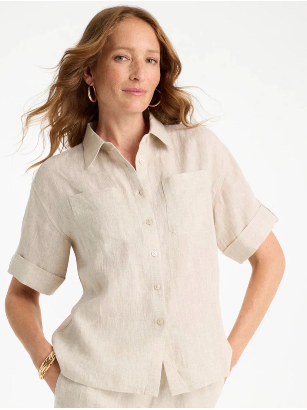 Chico’s Linen Camp Shirt in Solid Oatmeal NWT